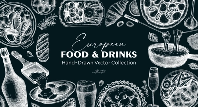 European food background. Traditional Europe cusine. Hand drawn vector illustration on chalkboard. Perfect restaurant menu, packaging, or prints. NOT AI generated